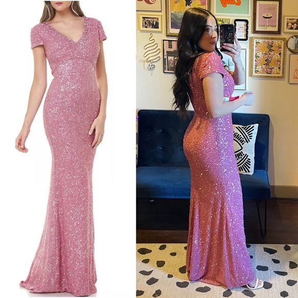 NEW Carmen Marc Valvo Pink Sequin Mermaid Gown - Picture 14 of 14
